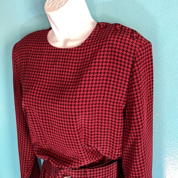 Talbots Womens 12 Vintage 1980’s Midi Houndstooth Check Red & Black Belted Dress - Picture 6 of 15